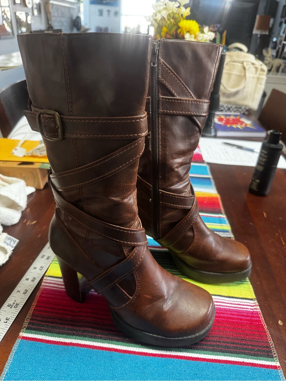 Skechers Women's Dark Brown Mid-Calf Heeled Boots with Wrap Straps